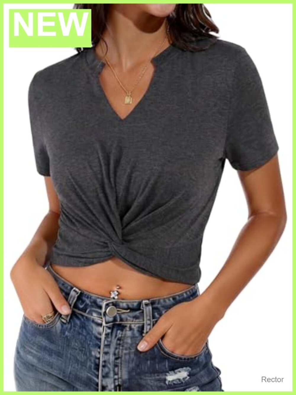Hilinker Women's Twist Front Crop Top Short Sleeve V-Neck Slim Fit T-Shirt